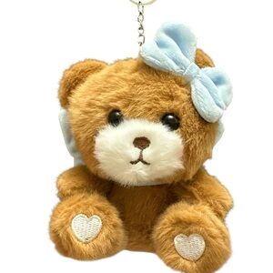 Charming Brown Teddy Bear Keychain with Blue Bow